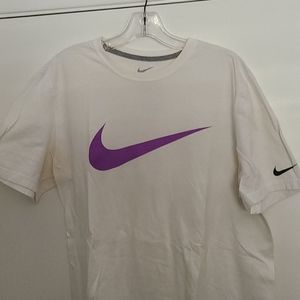 White Nike shirt with purple swoosh